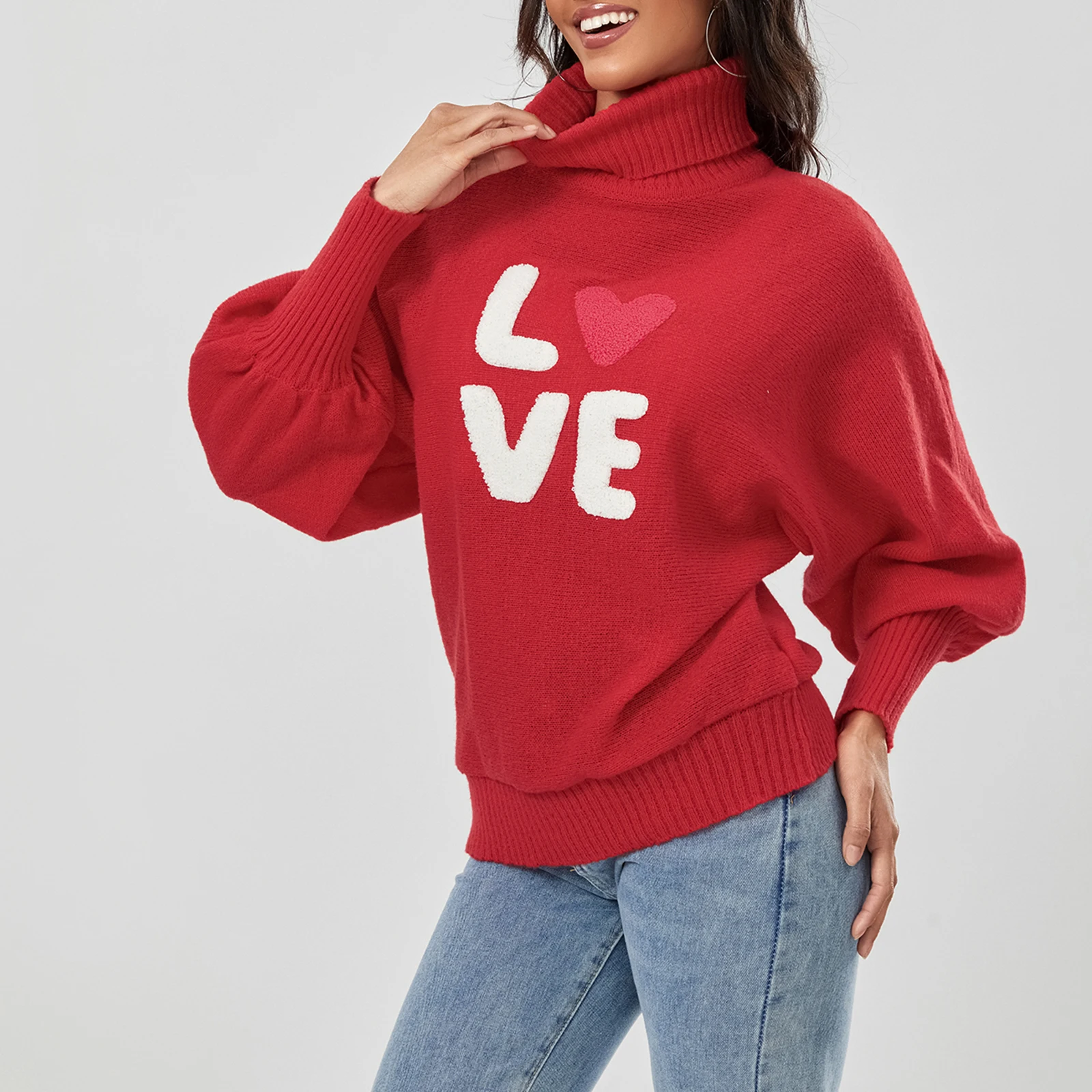 Women Valentines Day Sweater Long Sleeve Letter Print Oversized Turtleneck Knitted Pullover Jumper Tops D16