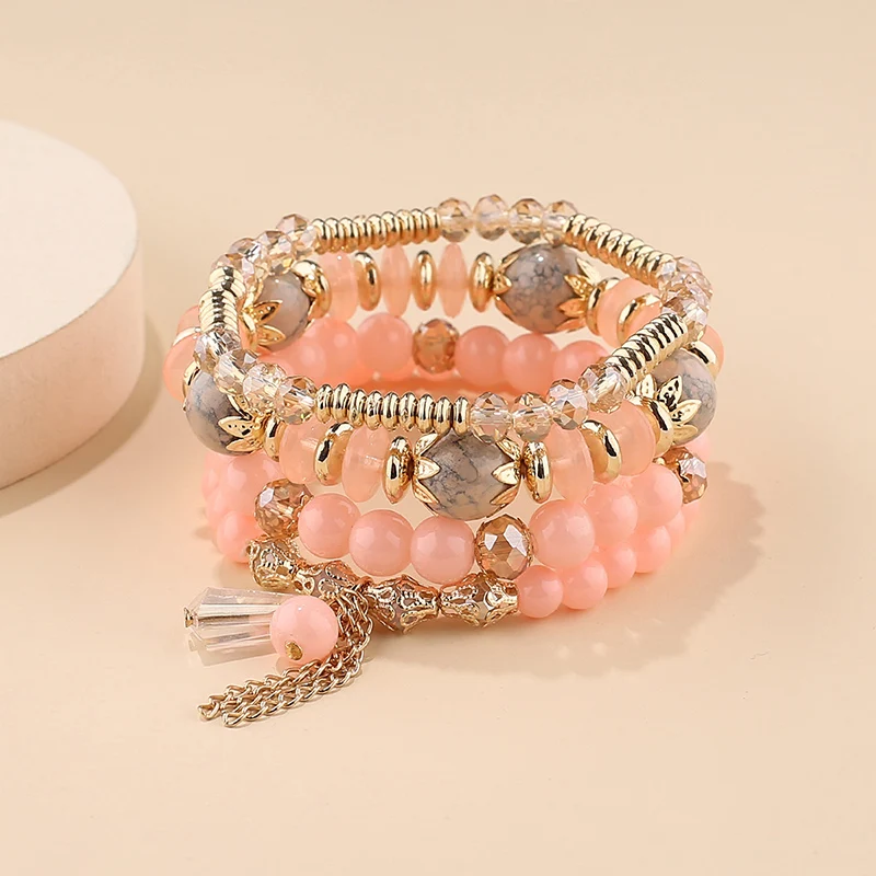 4-teiliges Armband-Set mit Quasten- und Perlenanhängern für Damen, bunte Glasperlen-Kette, Armreif, weiblicher Boho-Schmuck – Detail 10