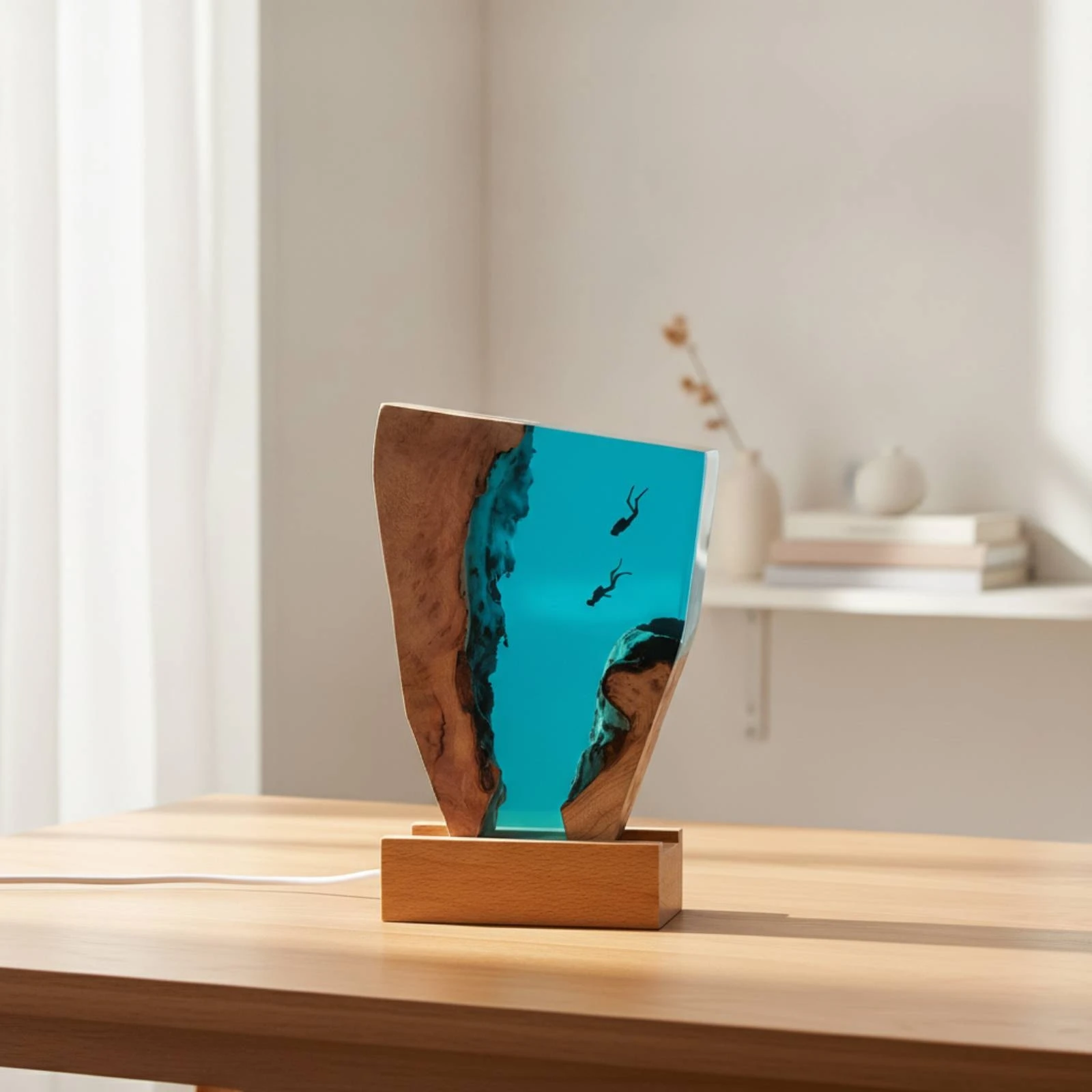 Epoxy Night Light with Wood Base Sculptural Epoxy Resin Night Light Resin Wood Lamp Aquatic Natural for Divers, Nightstand, Desk - view 2