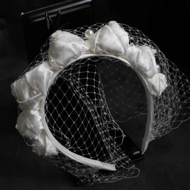 フランスの花嫁のヘアアクセサリー、花のつぼみ、メッシュ、韓国のヘアバンド、エレガントで絶妙な白いウェディング-アクセサリー