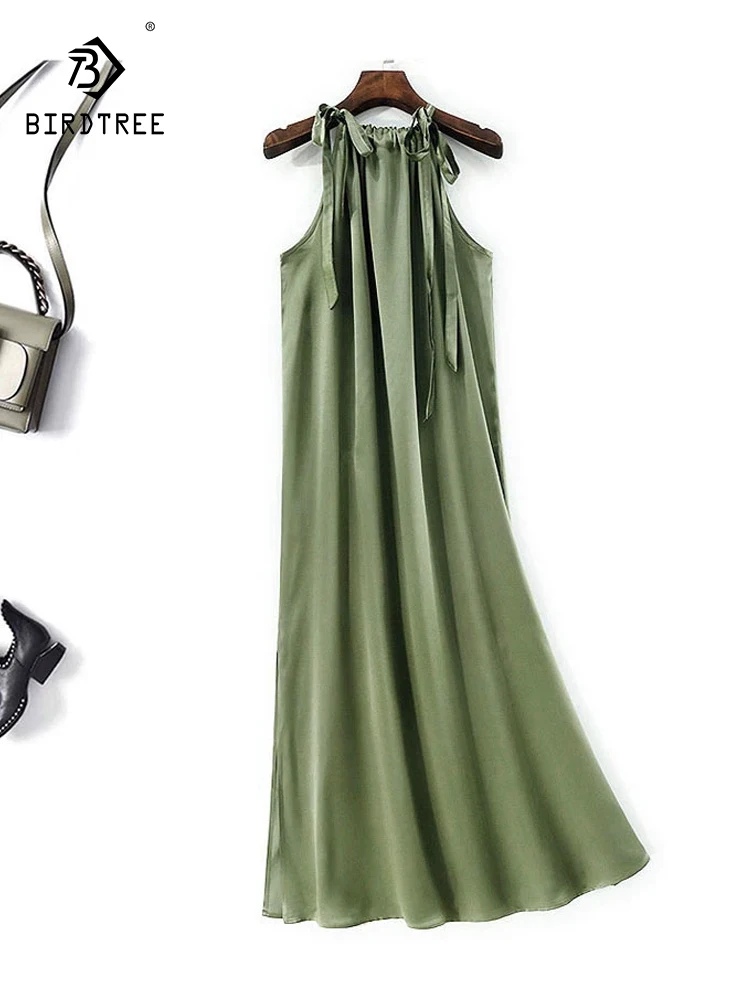 BirdTree-Silk Elegant Vest Dress, Halter Sleeveless Loose Waist, Women Fashion Sexy Commute Solid Dresses, 2025 Autumn D5O894CC