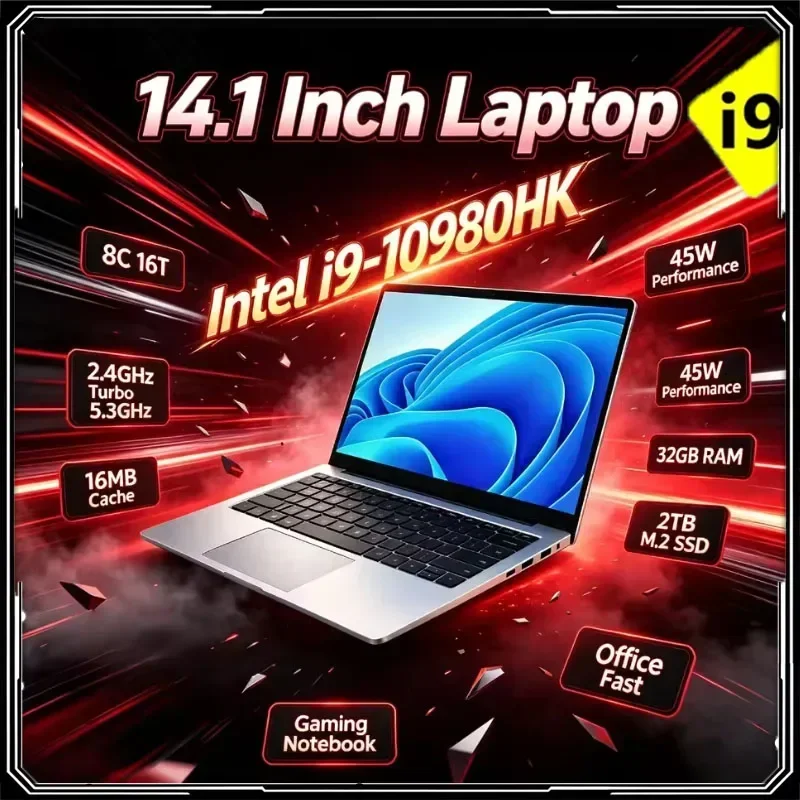 Intel Core I9 10980HK 14.1'' Laptop 8C16T 2.4-5.3GHz 16MB 45W 32GB RAM 2TB M.2 SSD Gaming Notebook Office Fast New