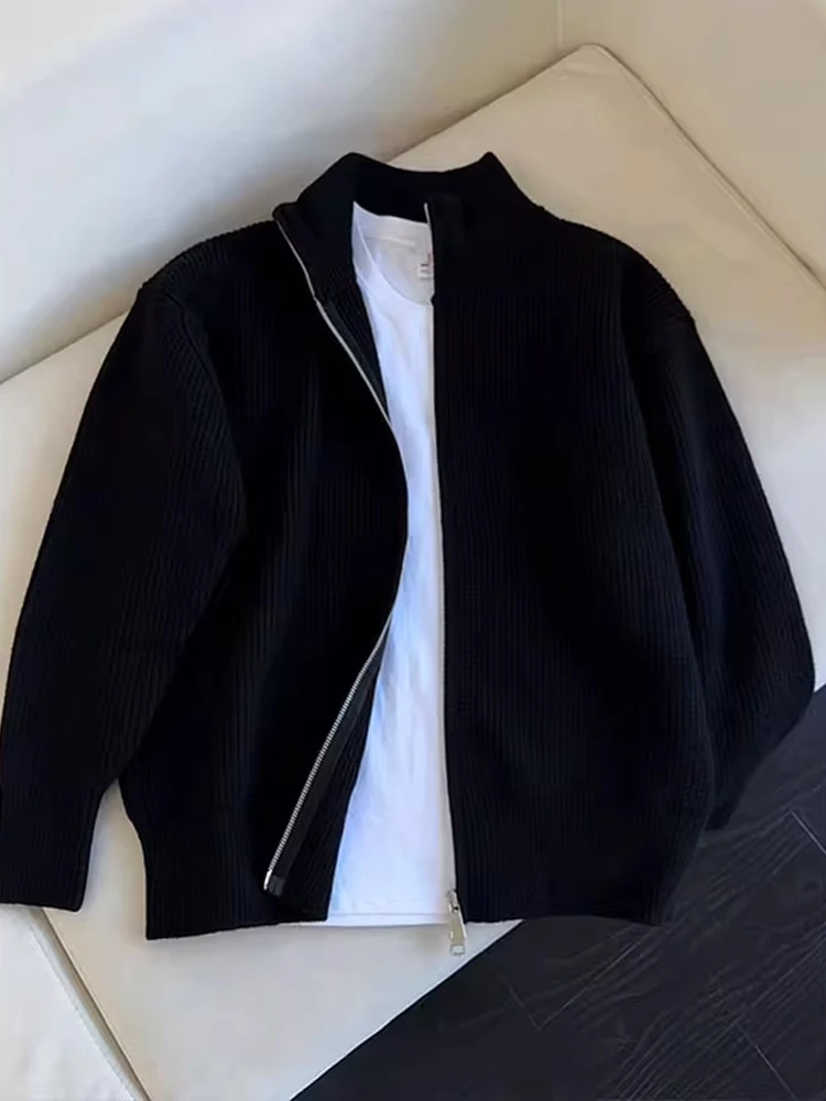 

Bla свитер с воротником на молнии, мужской осенний высококачественный открытый кардиган, трикотажная одежда Cleanfit, верхняя одежда для пар, дизайн с двойной молнией