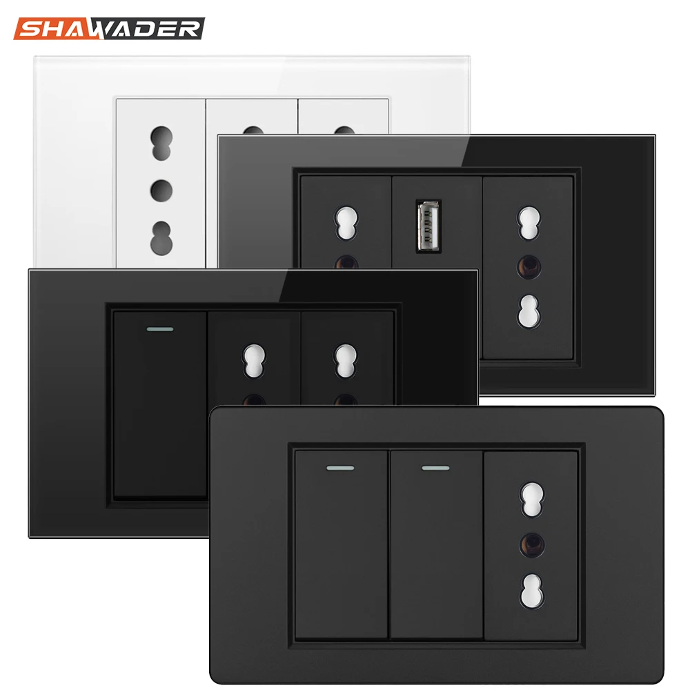 Italy Switch USB Wall Socket Chile Plug Pins Rectangle Chilean Outlet Italian EU Power Tempered Glass/Plastic Panel Home Office