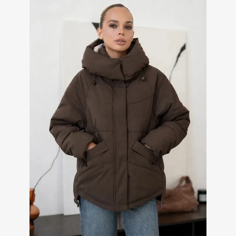 Dark Brown Hooded Padded Outerwear Minimalist Drawstring Long Sleeve Loose Coat 2026 Winter New Daily Outdoor Casual Jackets