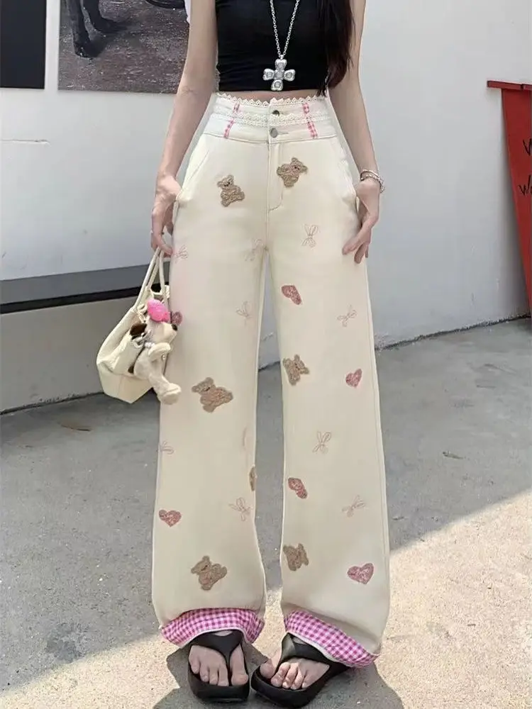 Sweet Spicy Bear Embroidered Straight Leg Jeans Women Summer Design Lace Patchwork Loose plus Size Wide Leg Pants Casual High...