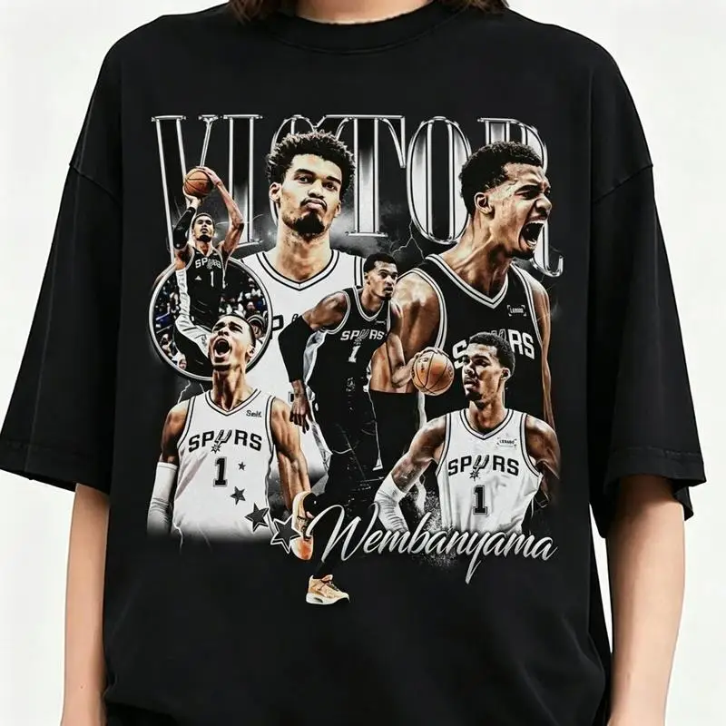 Unisex Wembanyama Inspired 90s Vintage Graphic Streetwear T-Shirt - Soft Fabric Crew Neck Basketball Top, Oversized/Baggy/Cropped Loose Fit, Denim Cardigan & Overall Compatible Sports Outdoor Top, Do Not Bleach