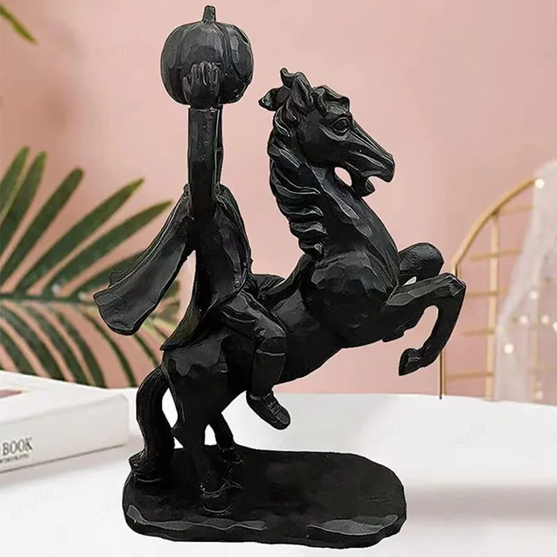 Halloween Headless Horseman Statue - Pumpkin Ghost House Design | Gothic Home Accent | Resin Craft