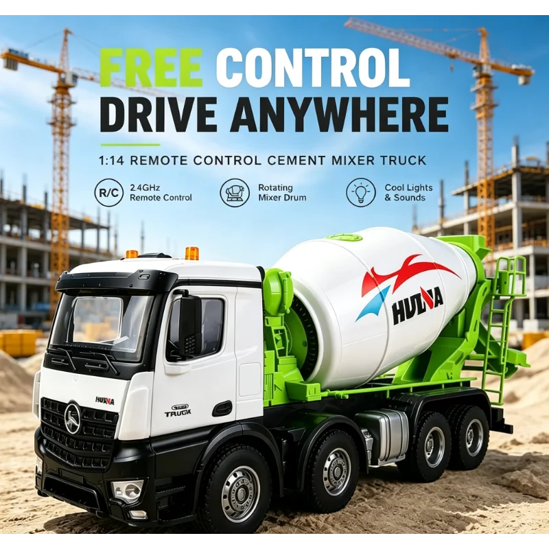 Huina Simulated Cement Mixer Truck Model, Pull‑Back Engineering Vehicle With Light & Rubber Tires For Collection Display
