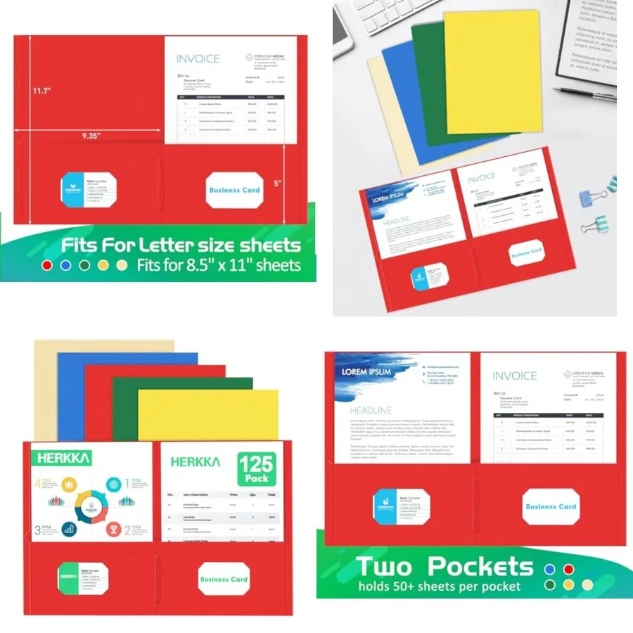 

Two Pocket Folder, 125 Pack 2 Pocket Folders with Business Card Slot, Letter Size Paper Folders Designed for Office and Classro