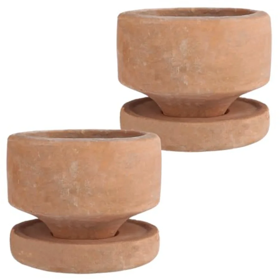 

2 Set 4.3'' Rustic Terracotta Plant Pot with Drainage Saucer Vintage Breathable Clay Planter Farmhouse Flower Pot Distressed Fi