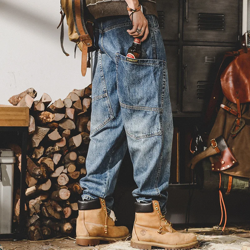 American Retro Jeans Men Autumn High StreetinsTrendy Cargo Pants Men Loose Fit Plus Size Straight Wide-Leg Pants
