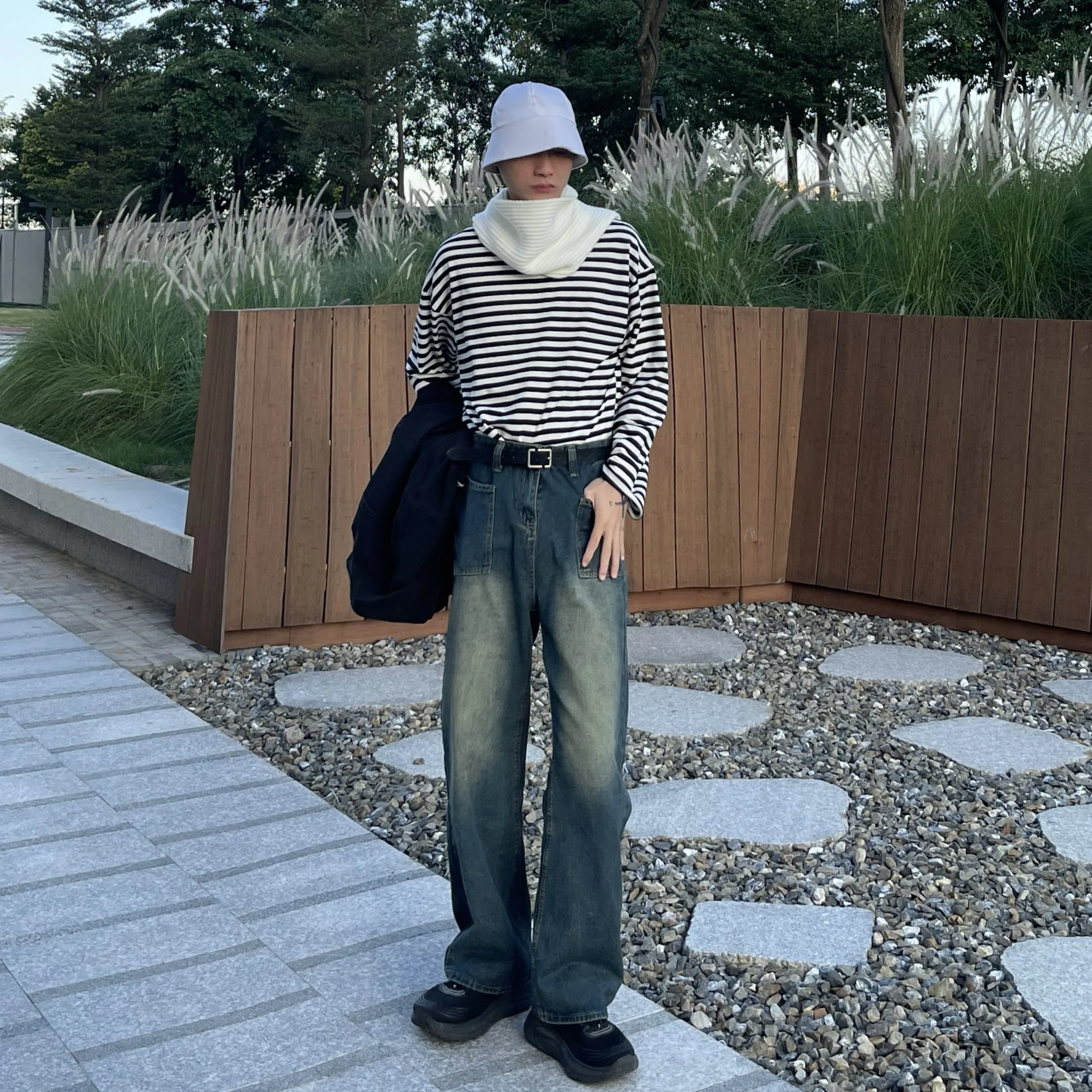 

Retro Blue Slimming Faionable Straight Leg Jeans High Waist Loose adual White Denim Pants Men Women Autumn Casual Jeans