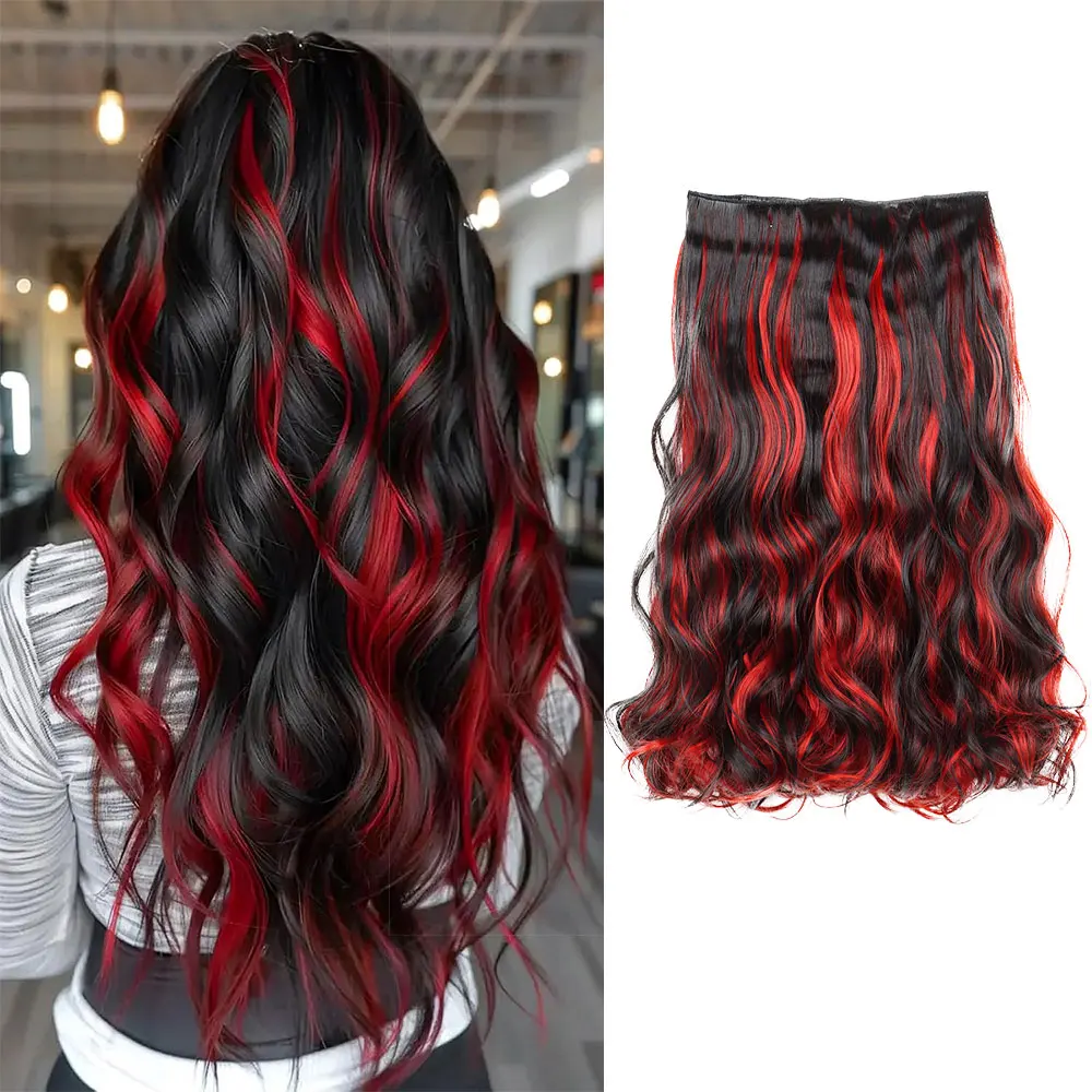 

Long 18Inch Synthetic Wavy 5 Clip In Hair Extensions Fiber Heat Resistant Hairpiece Black Pick Red False Hair Daily Use