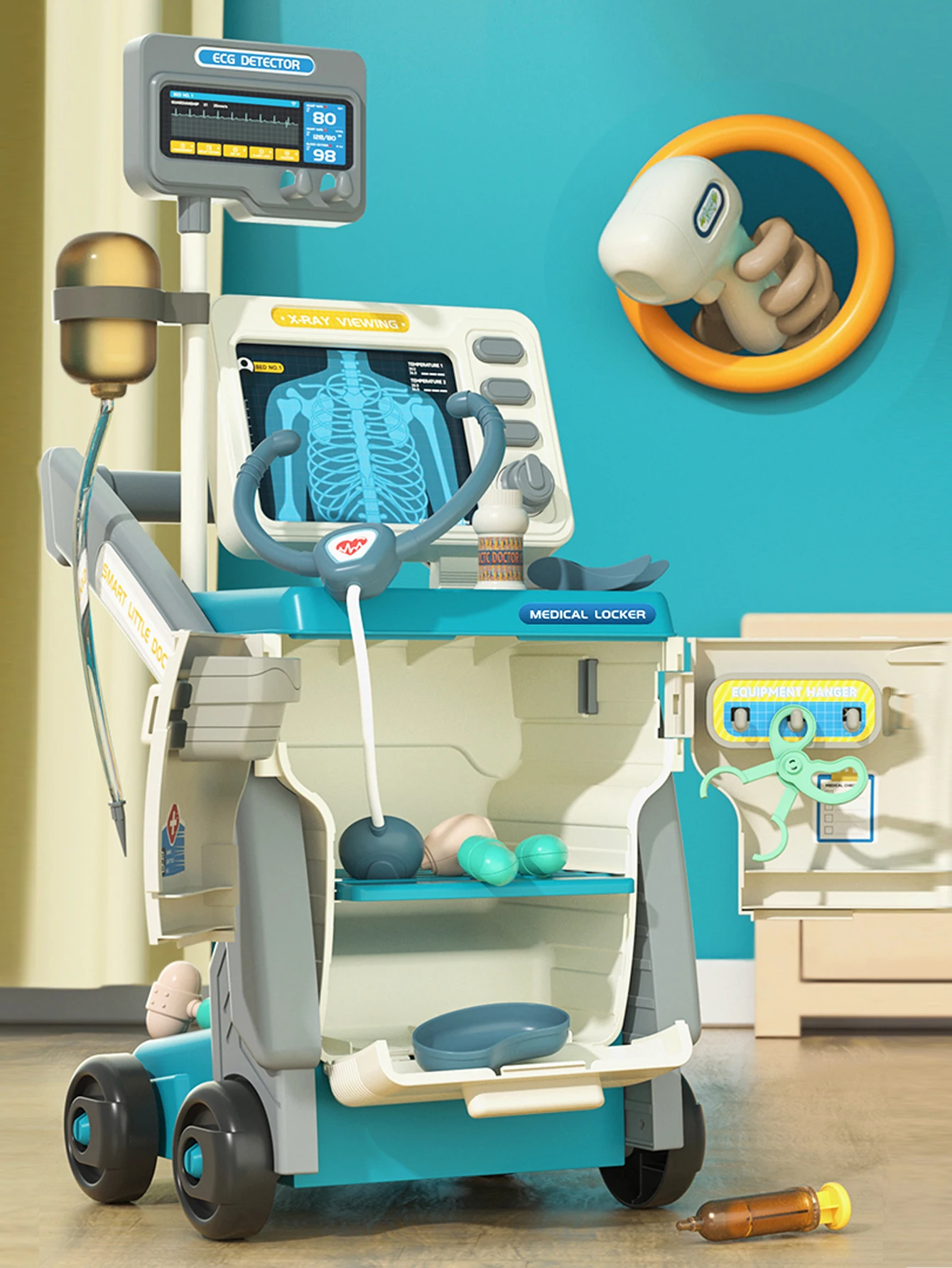 Kids Pretend Play Simulated Hospital Medical Trolley Toy, 16‑Piece Sound‑Effect Medical Tool Set. - view 2