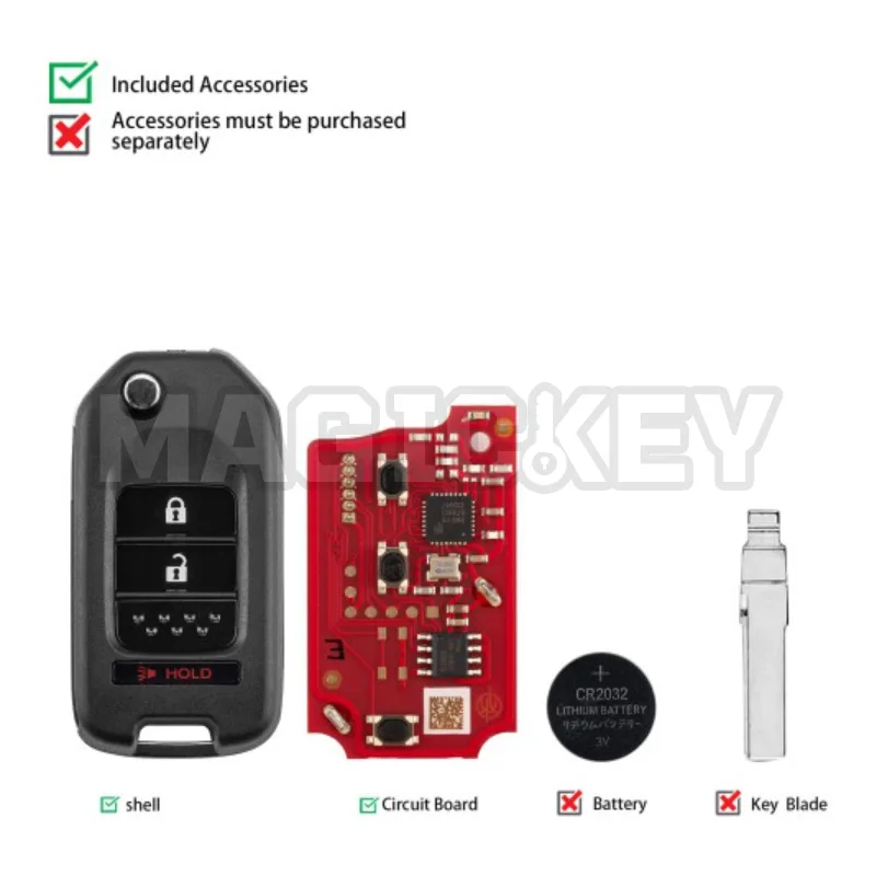 XHORSE XKHO22EN 2nd Generation Wired Flip Remote Key 2+1 Buttons Compatible with Honda Type