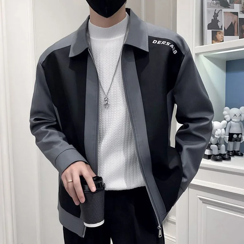 

Fashion Lapel Spliced Zipper All-match Embroidery Coats Men's Clothing Autumn New Casual Tops Long Sleeve Korean Jackets