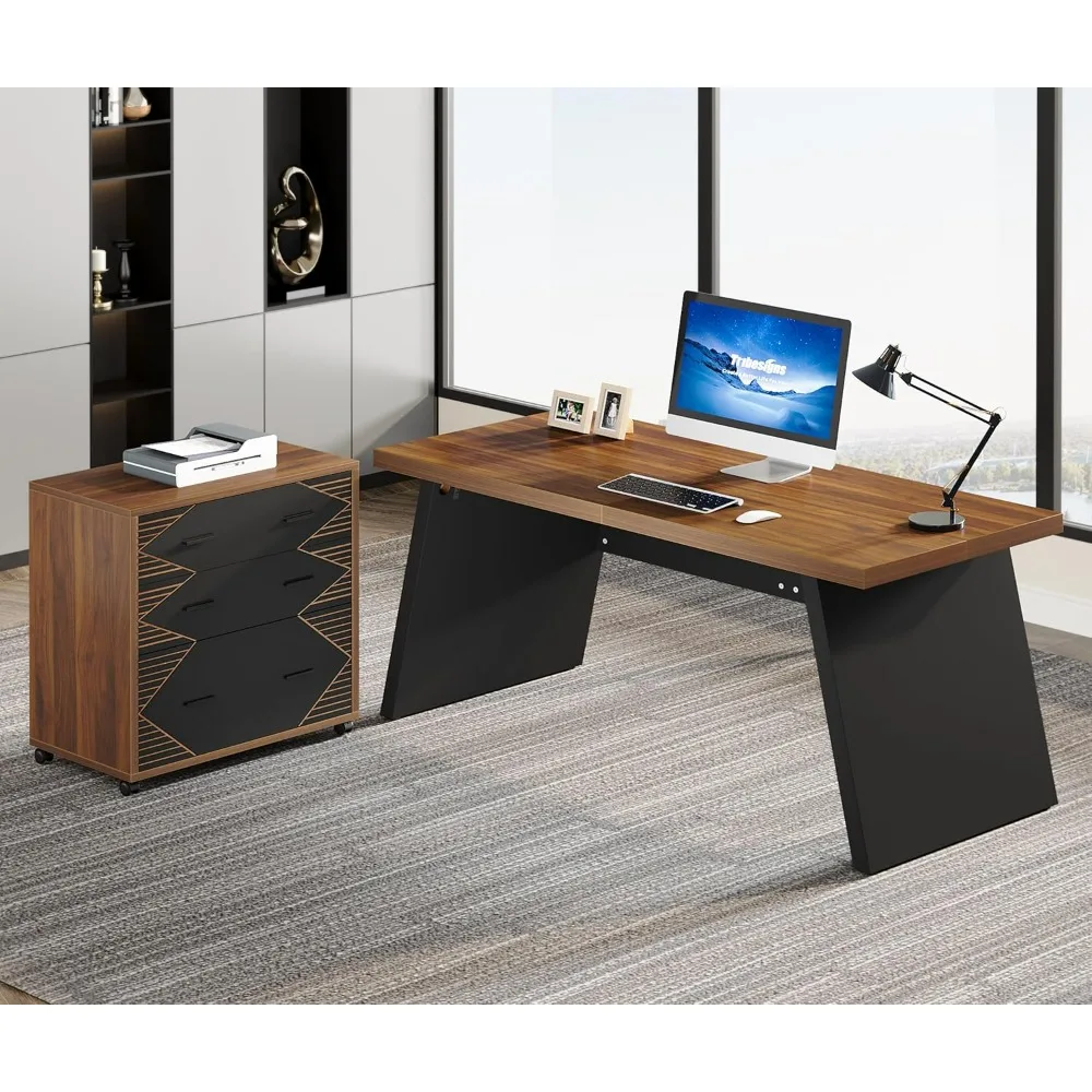 

L-Shaped Executive Desk, 62" Large Home Office Computer Desk with 2 Storage Drawers and Letter Size File Cabinet, Workstation