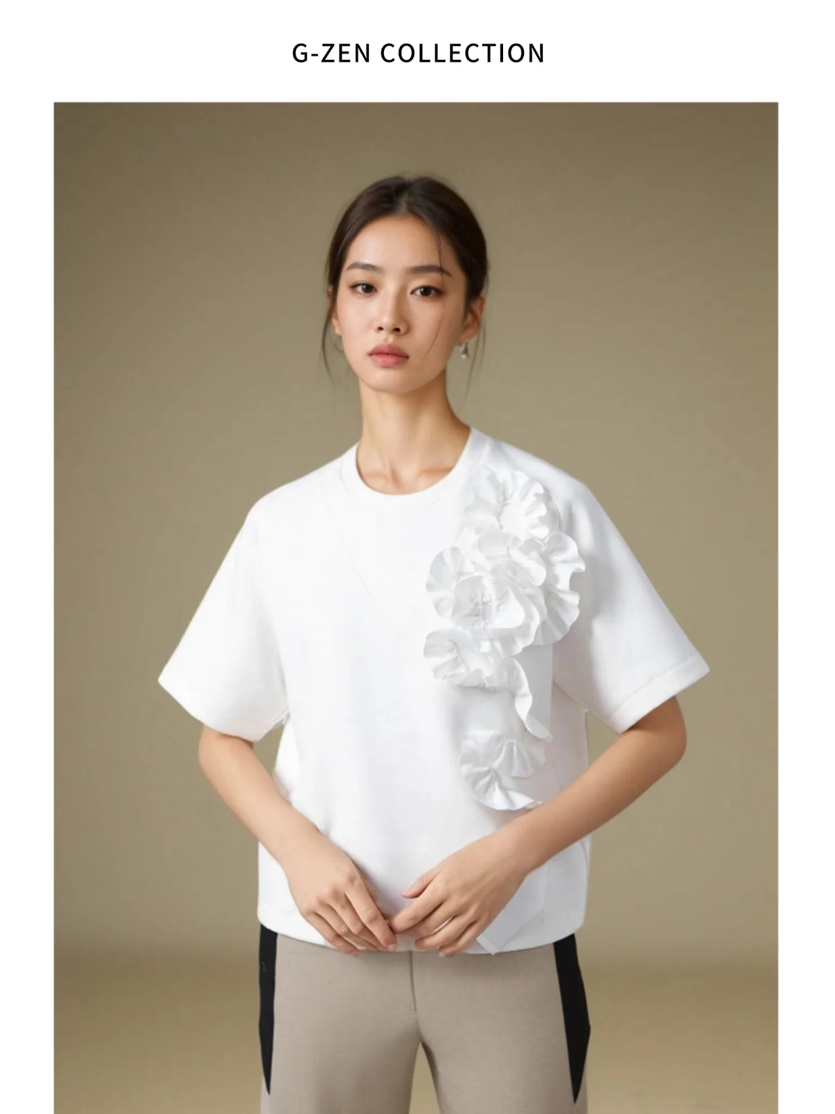 

White Handmade Air Layer Hoodie with 3D Flower Design Early Autumn New Style Women's Loose Fit Short Sleeve round Neck Sweats...