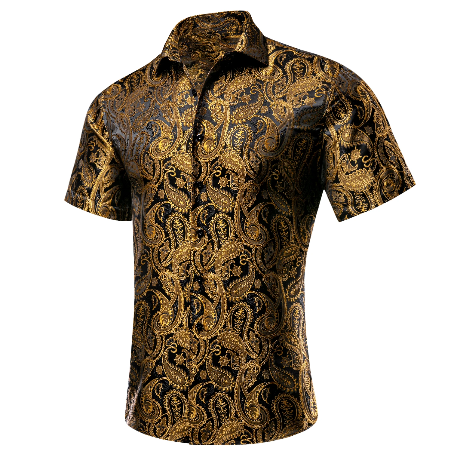 Hi-Tie Short Sleeves Silk Mens Shirts Jacquard Floral Paisley Spring Summer Button Shirt Comfortable Male Wedding Business Party