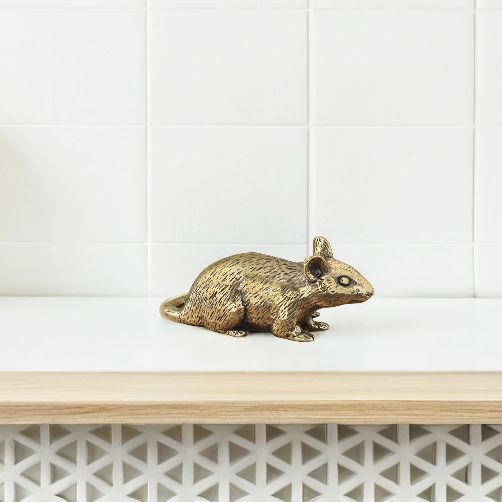 

Mouse Ornament Chinese Zodiac Rat Statue Vintage Desktop Decoration Golden Bookshelf Brass Figurine Handmade Mice
