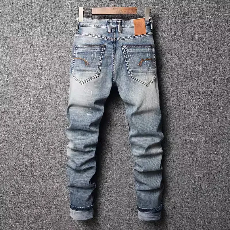 Fashion Designer Men Jeans High Quality Retro Light Blue Patched Ripped Jeans Men Elastic Stretch Vintage Denim Pants Hombre