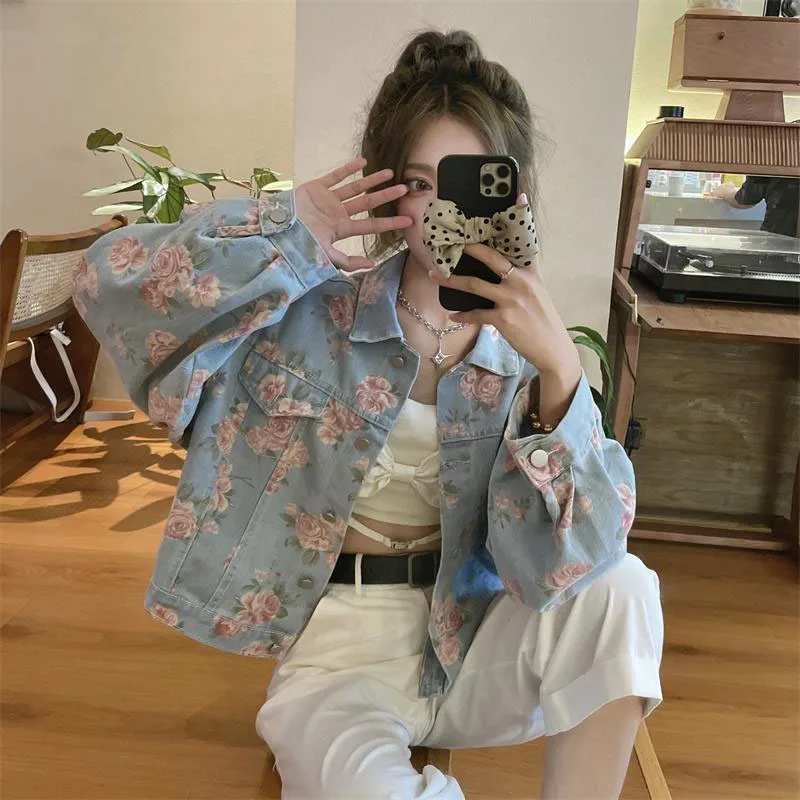 GIDYQ Vintage Rose Printed Denim Jackets Woman Korean Fashion Loose Long Sleeve Outwear Y2k Streetwear Crop All Match Coat