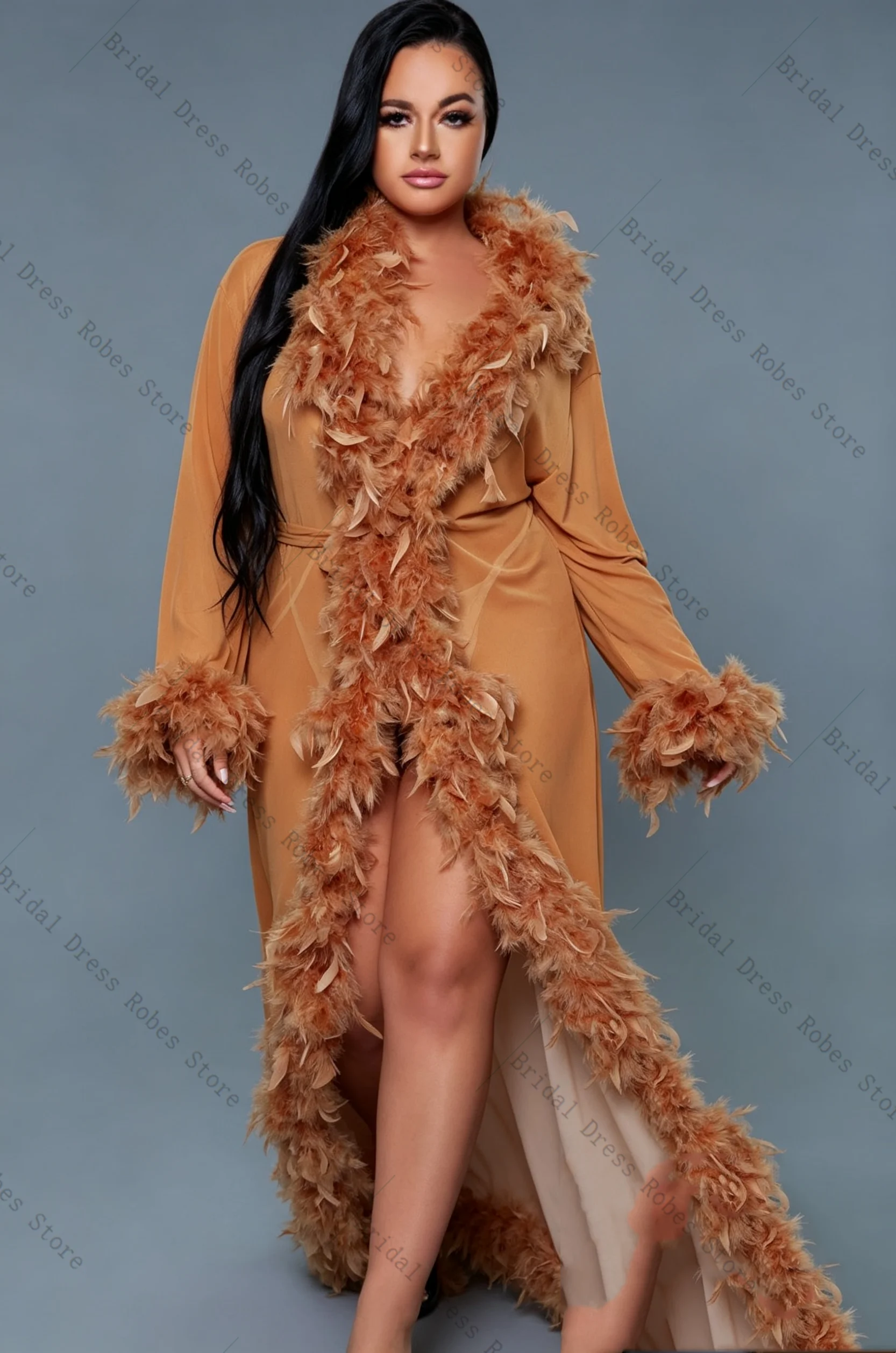 Ostrich Feathers Women Prom Dress For Photoshoot Formal Sexy V Neck Belted Long Bridal Morning Robe Customized Night Gown