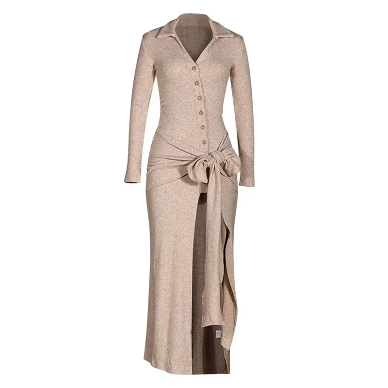 

​​2025 New Women Beige Knit Dress Long Sleeve Lapel Button Down Shirt Dress with Waist Tie High Slit Office Casual Miid Dress