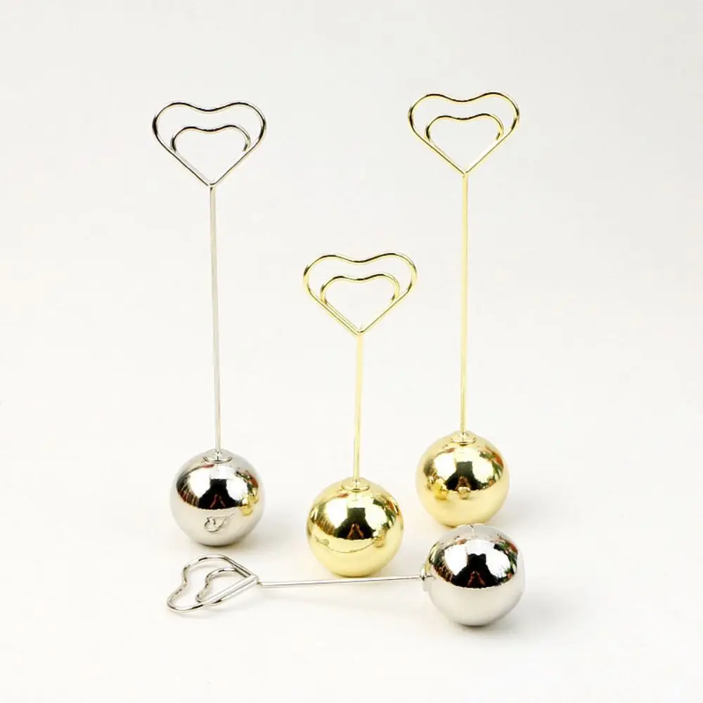 Metal Ball Base Memo Clip Holder Heart Shaped Vertical Desktop Notes Clamp Desktop Decoration Name Card Holder