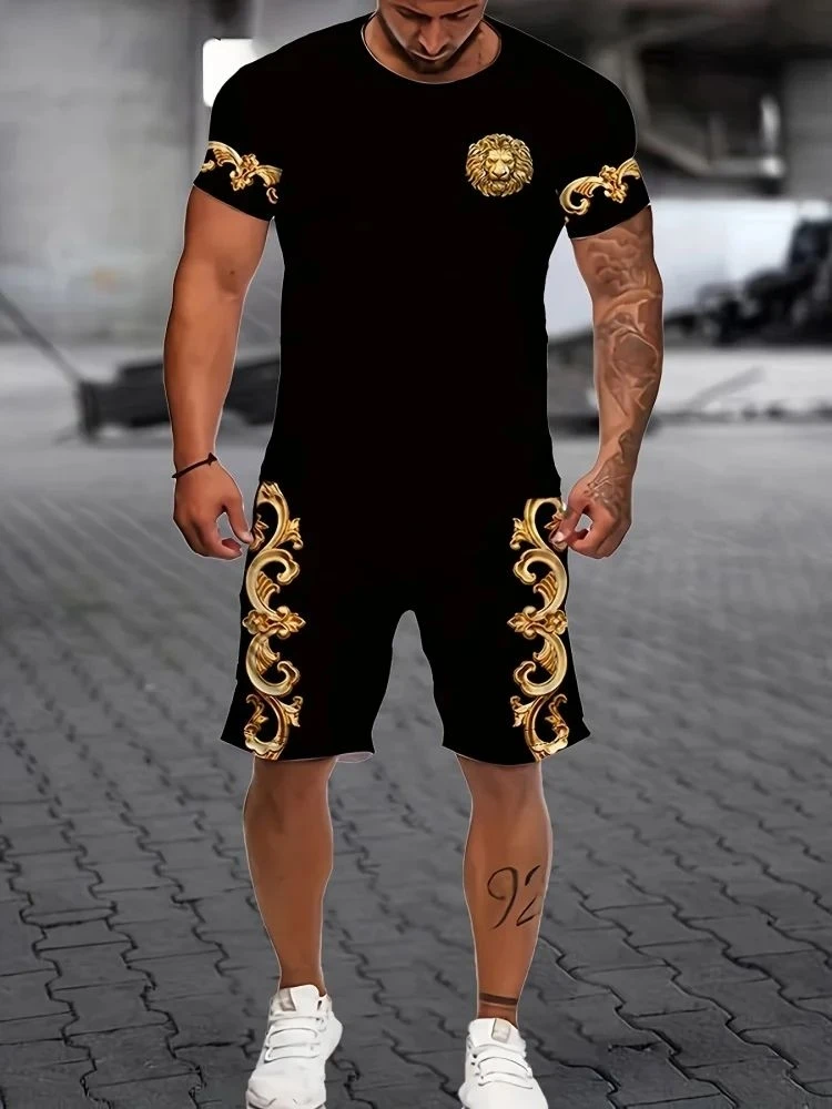 

Summer men's casual retro printed shorts set, summer casual daily T-shirt, outdoor sports men's shorts