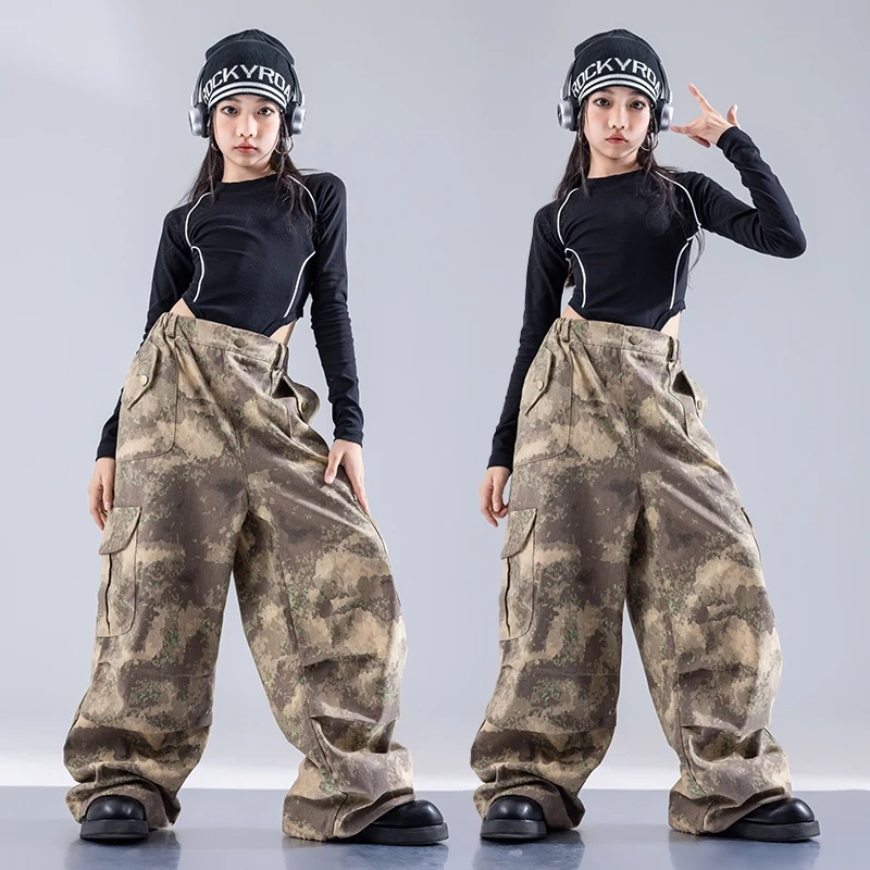 Hip-hop Outfit Jazz Dance Costume Long Sleeve Jumpsuit Camouflage Cargo pants Suit Clothes Girl Catwalk Show Clothing DQL10126