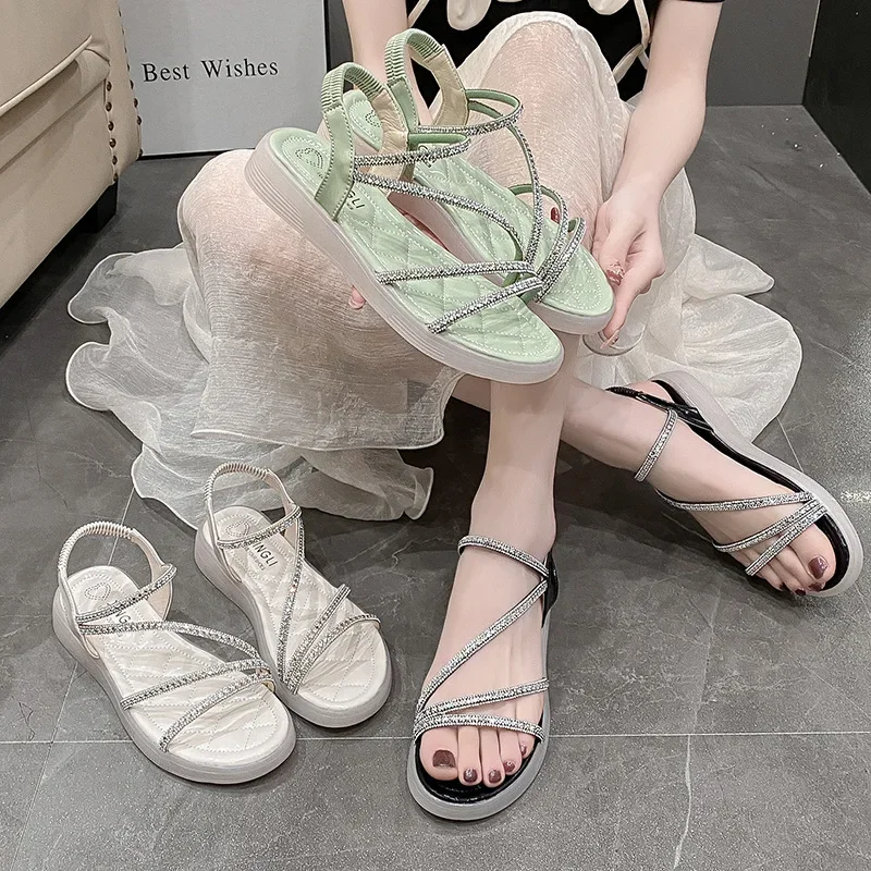 

Pop Flat-heeled Sandal Woman Rhinestone Comfortable Sandals For Women Summer New 2025 Without Heel Elegant Roman Fashion