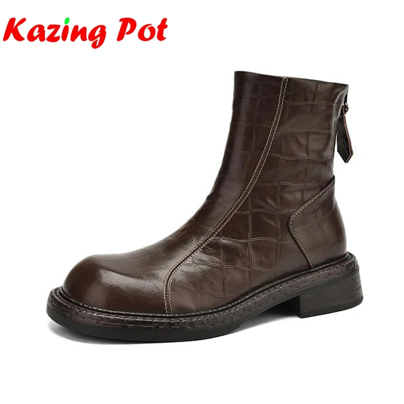 

Krazing Pot Cow Split Skin Med Heels Western Boots Winter Autumn Vintage Women Gladiator Zipper High Street Fashion Ankle Boots