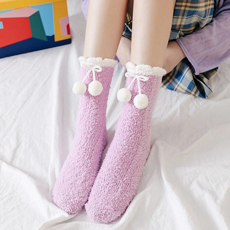 

Sweet Cute Small Woolen Ball Thickened Coral Velvet Socks Autumn Winter Warm Fluffy Floor Socks Women Casual Sleep Soxs