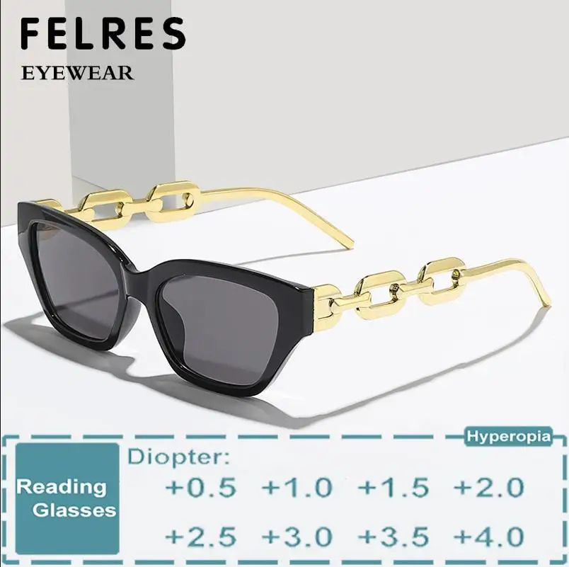 

Designer Cat Eye Women Reading Sunglasses Chain Leg Tinted Finished Presbyopic Eyewear Small Frame Black Shade SunGlasses Reader