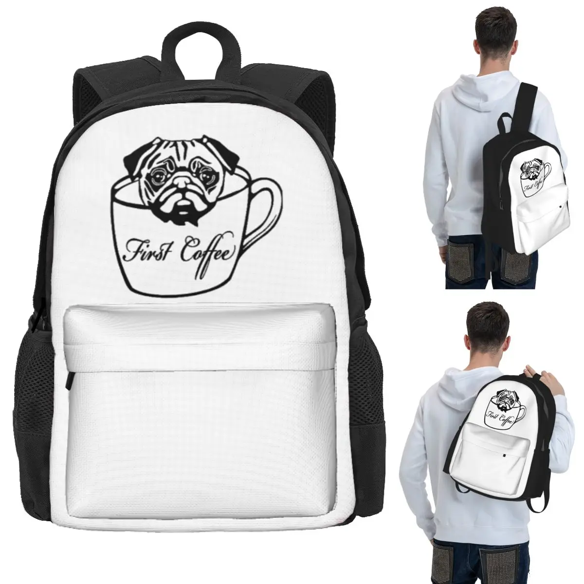 

Pug First Coffee Student Backpack School Bag Hiking Travel Daypack for Boys Girls Bookbag Shoulder Bags