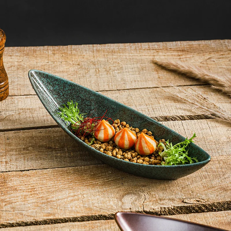 Creative Ceramic Boat Plate Sushi Sashimi Grill Dish Fruit Salad Dessert Appetizer Serving Tray