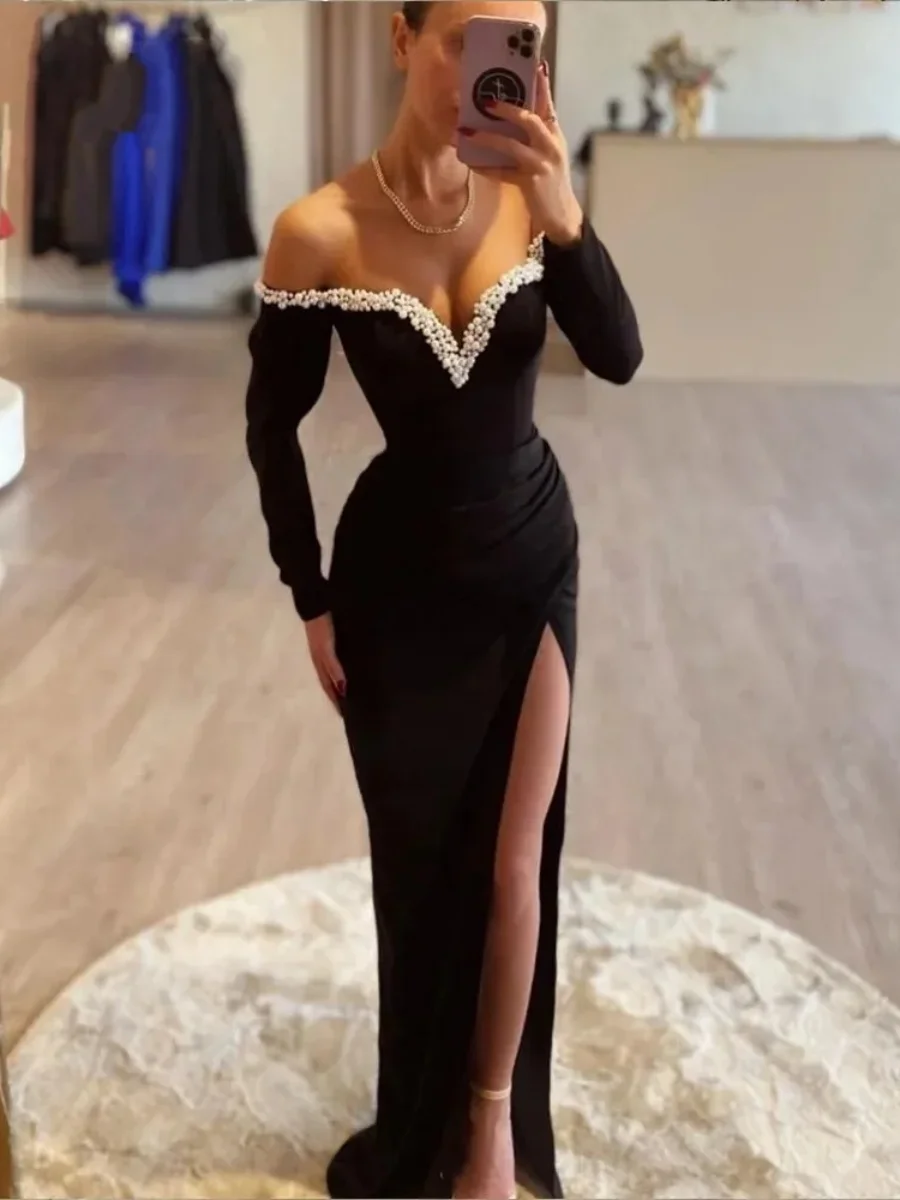 2024 Modern Satin Pleated Evening Gowns Off Shoulder Women\'s Pearl V Neck Side Slit Floor Length Ballgown Evening Gown