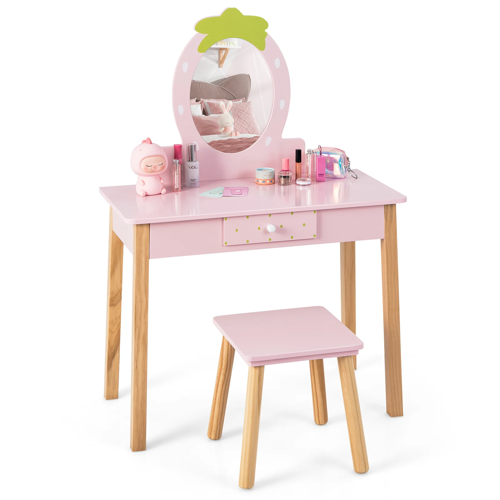 GOFLAME 2-in-1 Children's Vanity Set, Children Wooden Vanity Set with Stool, Strawberry-shaped Mirror