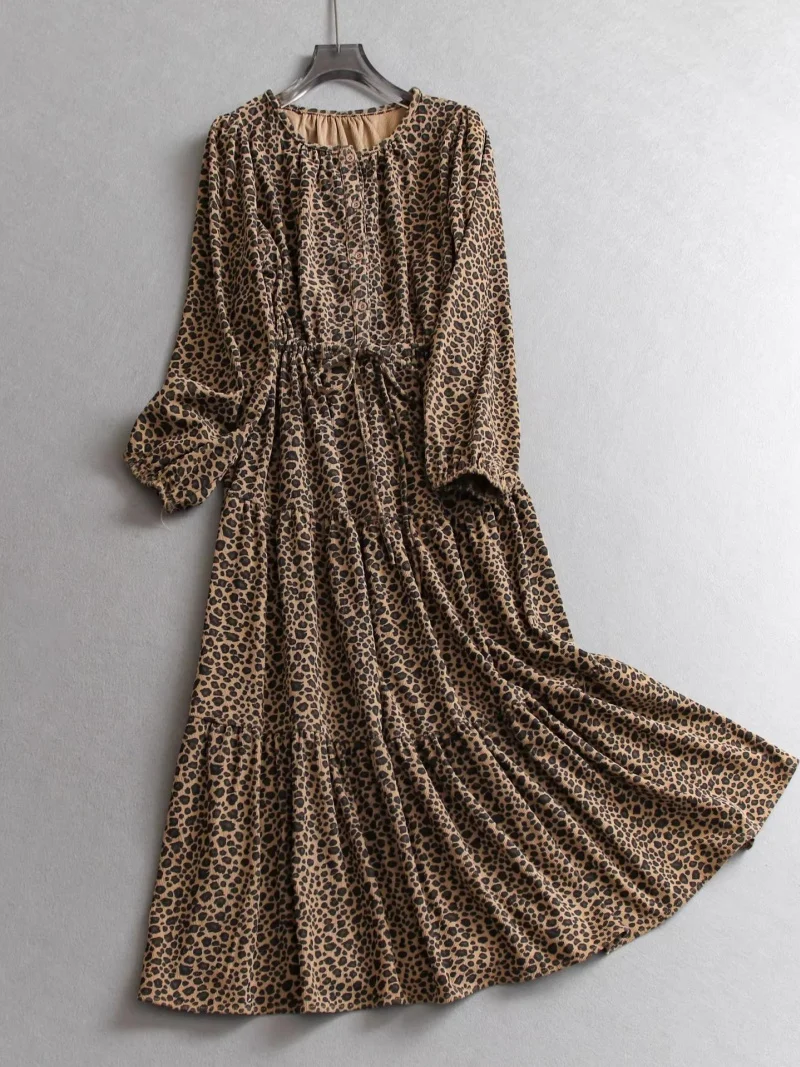 Corduroy overhemdjurk voor dames Franse stijl 2026 - Daisy Print Ronde hals Bubble Sleeve Lange losse jurk met trekkoord W2042