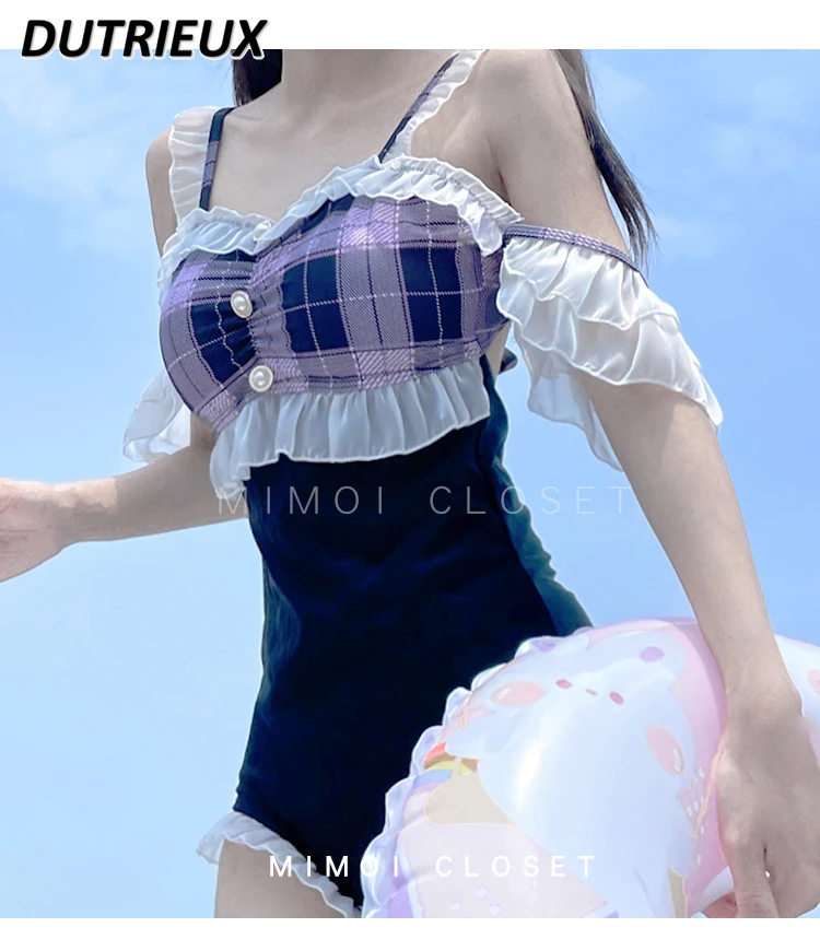 Summer New Lolita Pure Desire Style Sleeveless Swimsuit with Shoulder Straps Sweet Cute Plaid One-Piece Hot Spring Bathing Suit