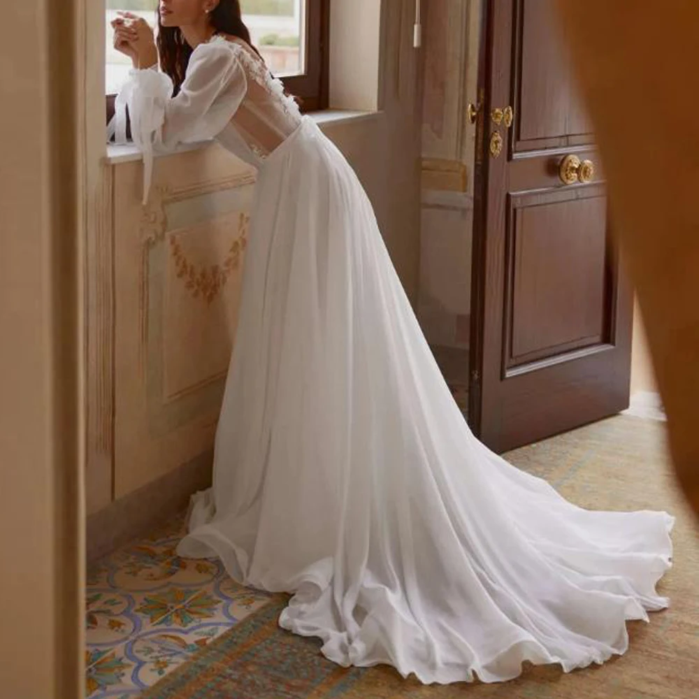 فستان زفاف بوهيمي مخصص على شكل حرف A مع دانتيل الوهم الرقبة فانوس كم فستان عروس الشاطئ بدون ظهر فيستدوس دي نوفيا #2