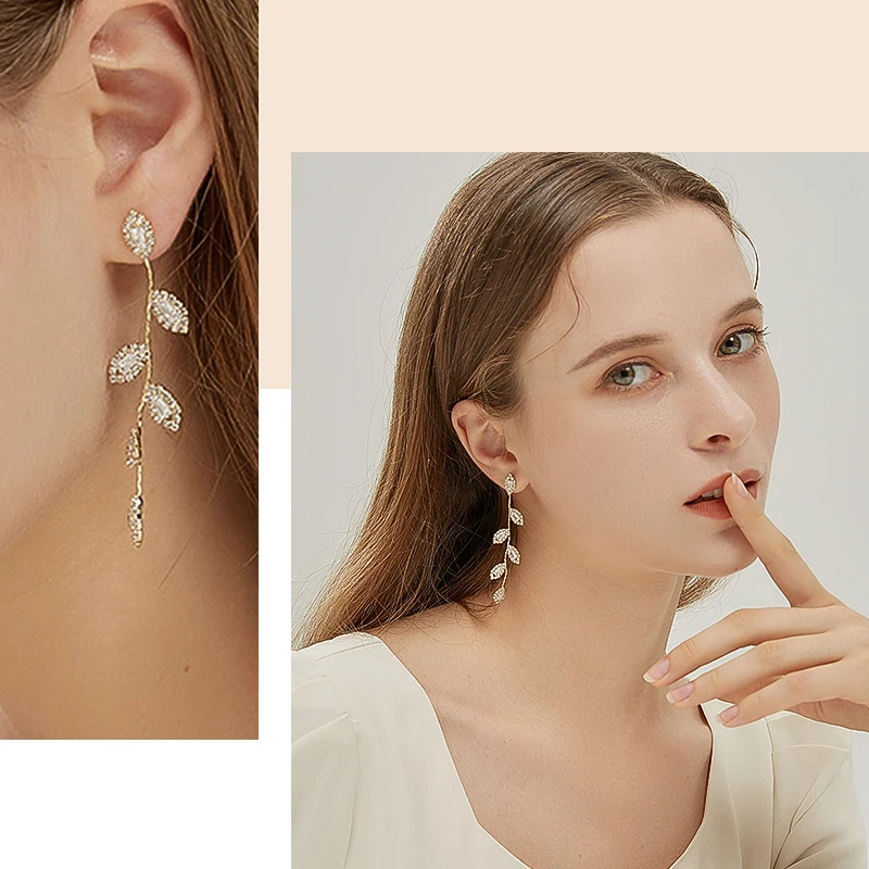Luxury Rhinestone Crystal Leaves Long Tassel Earrings for Women Bridal Dangling Party Wedding Jewelry Micro Inlaid Cubic Zircon