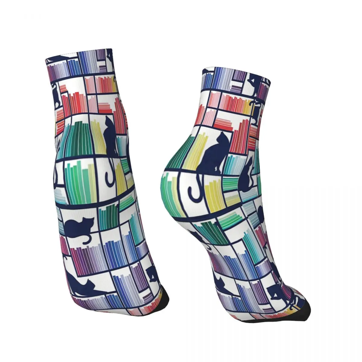 Rainbow Bookshelf White Background Navy Blue Shelf And Library Cats Ankle Socks Male Mens Women Winter Stockings Printed