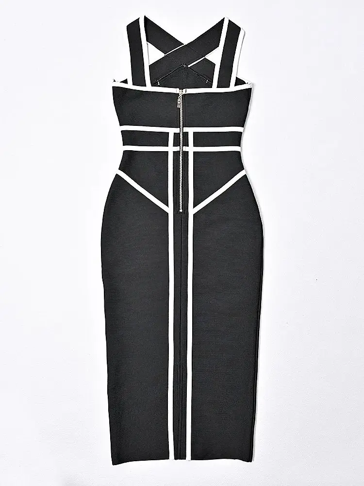 المرأة الصيف الرسن خمر المدرج فستان فاخر أسود أبيض التباين ضمادة ميدي ضمادة فستان سهرة Vestidos XL ماكسي