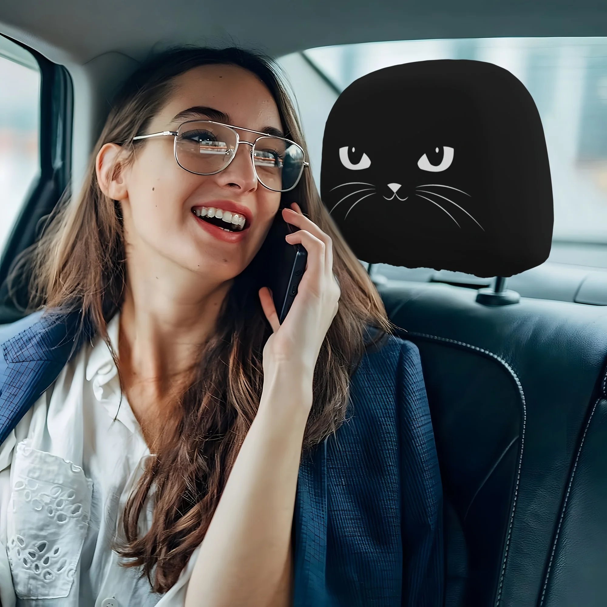 

1pc Black Cat Pattern Printed Design Polyester Car Seat Headrest Cover Soft Durable Car Seat Headrest Decoration Headrest Cover