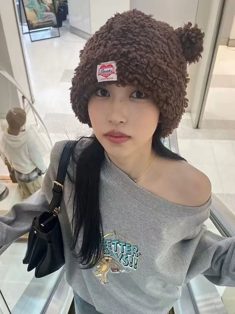 Adorable Soft Lamb Fur Bear Ear Winter Hat Warm Protective Ear Cap Sweet Style Unisex Woolen round Top No Brim Hat