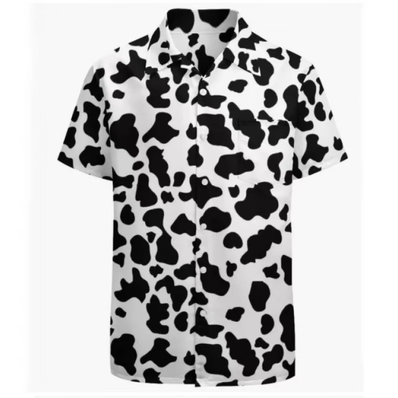 New men's fashionable slim-fit multicolored leopard print graphic shirt, casual and breathable, short-sleeve shirt with collar,