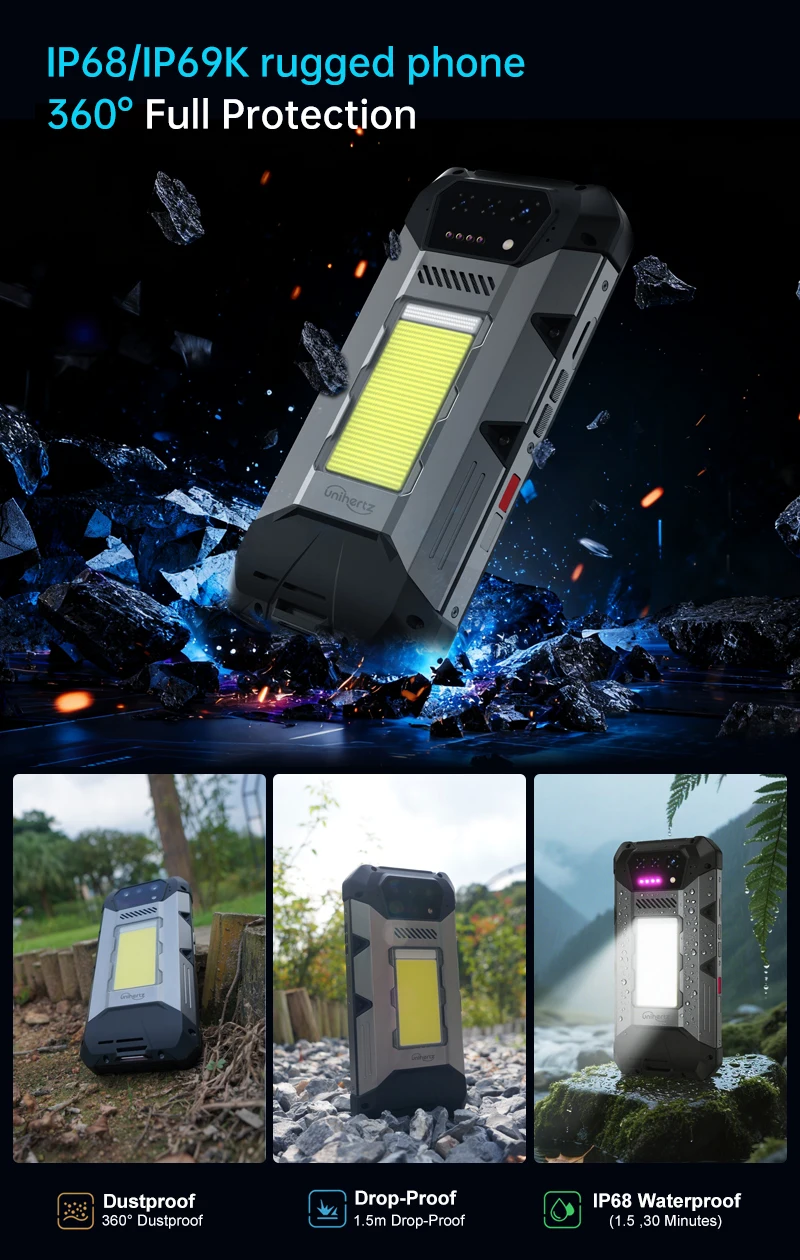 Unihertz Hike 8849 Rugged Smartphone Android 14 with 1200 Lumen 200 Meter Flashlight 23800mAh 12GB+512GB G200 CPU Dual Speaker